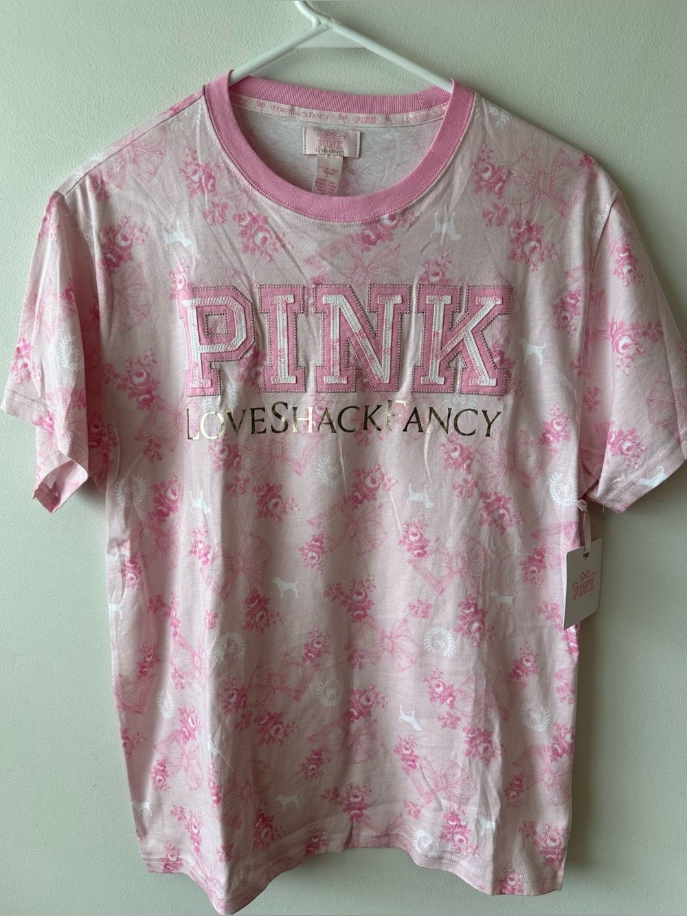 PINK x Love Shack Fancy Campus Cotton Pink Tee Beaux Icons XS NWT